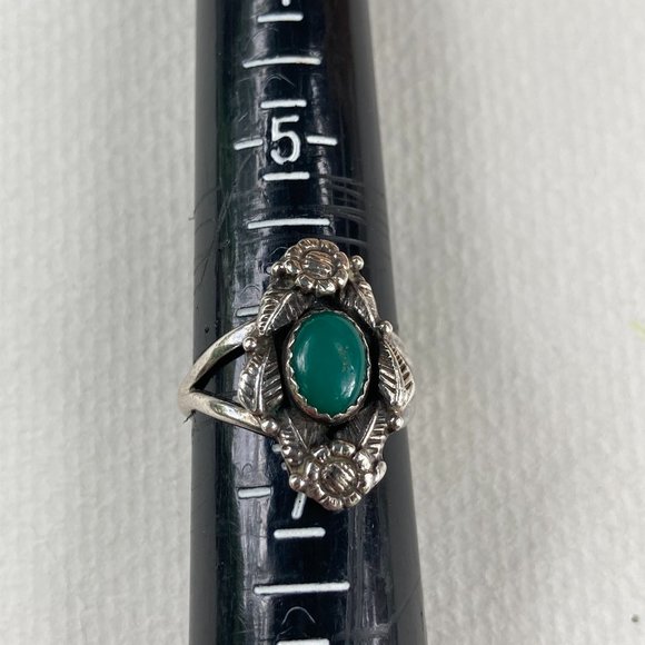 Vintage green turquoise Prairie Fire sterling silver ring with leaves - Picture 5 of 5